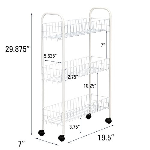 Household Essentials 05121 Slim Line 3-Tier Metal Storage Cart | Laundry Room Rolling Organizer | White - style: 7" White - Basic