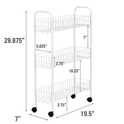 Household Essentials 05121 Slim Line 3-Tier Metal Storage Cart | Laundry Room Rolling Organizer | White - style: 7" White - Basic