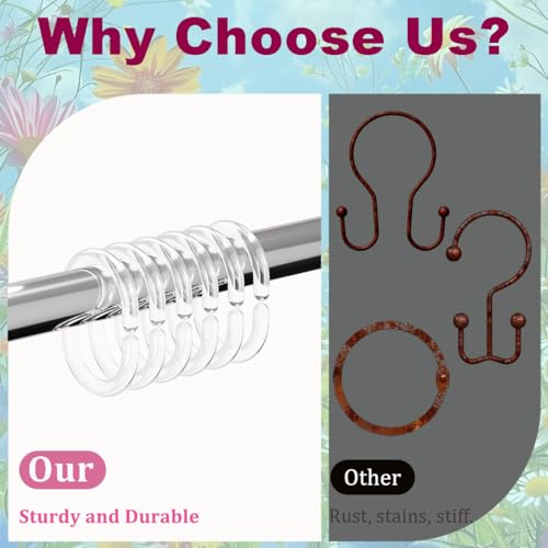 Resze 24 PCS Shower Curtain Hooks, Plastic Clear Shower Curtain Rings | Shower Hooks, BPA Free, Rust Proof Anti-Drop Shower Rings, Glide Smoothly Curtain Hooks for Bathroom Shower Rods Curtains - color: Clear, size: 24PC