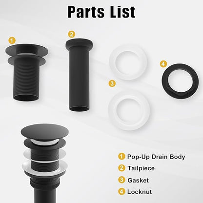 ZM Pop Up Drain Stopper No Overflow for Bathroom Faucet Vessel or Vanity Sink, Matte Black - style: Black Without Overflow
