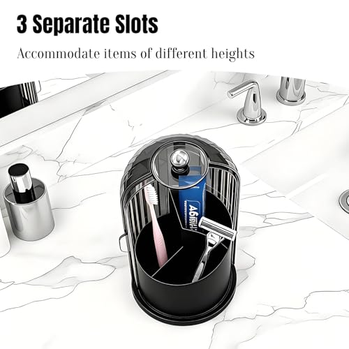 JEESA Dustproof Toothbrush Holder with Cover, All Black | 360° Rotating, 180° Sliding Lid, 3 Slots, Toothbrush Organizer, for Bathroom Countertop - color: All Black