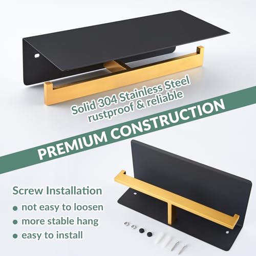 Double Toilet Paper Holder with Phone Shelf, 304 Stainless Steel Bathroom Tissue Hanger, Wall Mounted Dual Roll Paper Dispenser, Black & Gold - color: Black With Gold, size: Double Rod