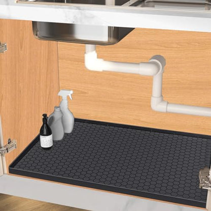 Under Sink Mat 31 x 19, Silicone Under Sink Liner for Kitchen Waterproof Bathroom Cabinet Mat, Black - color: Black, size: 19"W x 31"L