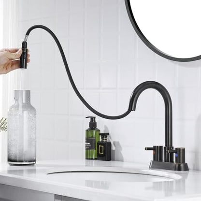 Oil Rubbed Bronze Bathroom Faucet with Pull Out Sprayer, Dual-Function Spout Bronze Bathroom Sink Faucets, 4 Inch Two Handle Utility Sink Faucet with Sprayer 3 Hole, Easy Pet Shower, RVs - color: Oil Rubbed Bronze
