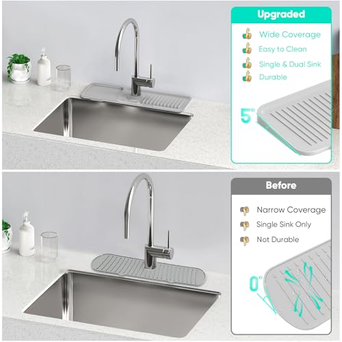 17.7'' Faucet Mat for Kitchen Sink [5°Slope Fast Self-draining] Kitchen Sink Splash Guard Silicone Sink Faucet Mat Splash Guard Kitchen Sink Area Tidy Splash Faucet Guard Draining Mat-Light Gray - color: Light Gray, size: 17.7" x 5.5"