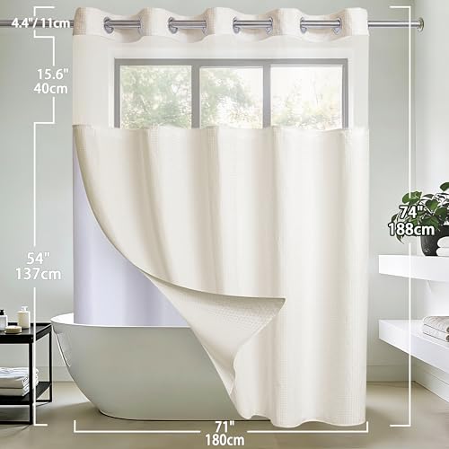 Conbo Mio No Hook Waffle Weave Shower Curtain with Snap in Liner Set, Hotel Luxury Beige Shower Curtains for Bathroom with See Through Top Window, Waterproof, Washable 71W x 74H - color: Waffle-beige, size: 71"W x 74"L (Pack of 1)
