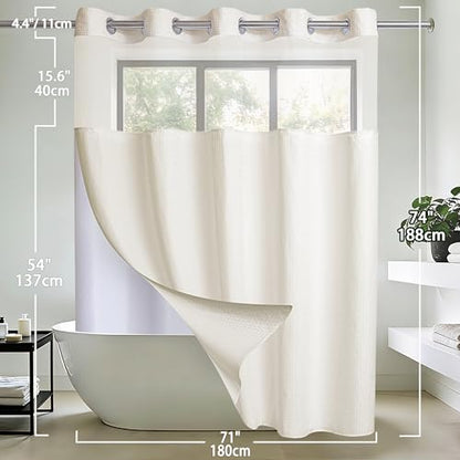 Conbo Mio No Hook Waffle Weave Shower Curtain with Snap in Liner Set, Hotel Luxury Beige Shower Curtains for Bathroom with See Through Top Window, Waterproof, Washable 71W x 74H - color: Waffle-beige, size: 71"W x 74"L (Pack of 1)