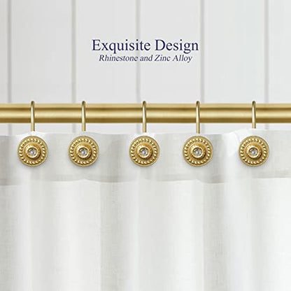 Gold Rhinestone Shower Curtain Hooks, 12 Pack Rustproof Metal Rings | Zinc alloy & acrylic rhinestone design; 4 mm thick wire holds up to 50 lb; anti-rust coating for wet bathroom - color: Gold