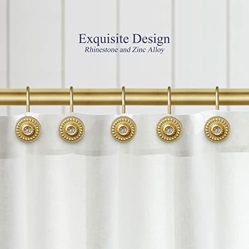 Gold Rhinestone Shower Curtain Hooks, 12 Pack Rustproof Metal Rings | Zinc alloy & acrylic rhinestone design; 4 mm thick wire holds up to 50 lb; anti-rust coating for wet bathroom - color: Gold