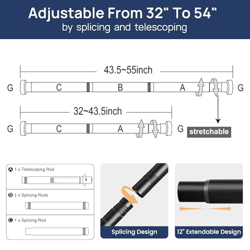 ENJOYBASICS 2 Pack Tension Curtain Rod, 32-54" Adjustable, Stable, Black | Secure Hold with Strong Spring & Non-Slip Ends, No-Drill, No Tools, Sag-Resistant, Waterproof, Fits Windows, Showers & Closet - color: Black, size: 32-54"