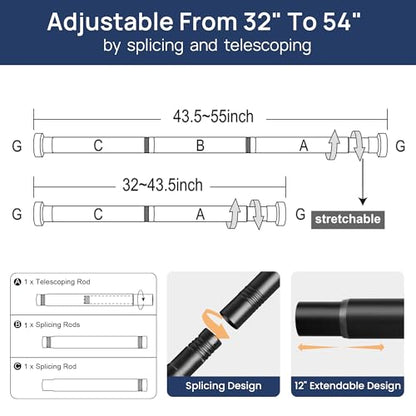 ENJOYBASICS 2 Pack Tension Curtain Rod, 32-54" Adjustable, Stable, Black | Secure Hold with Strong Spring & Non-Slip Ends, No-Drill, No Tools, Sag-Resistant, Waterproof, Fits Windows, Showers & Closet - color: Black, size: 32-54"