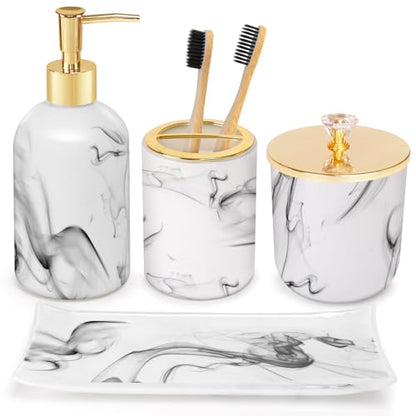 Haturi Bathroom Accessories Set, 4 Pcs Marble Look Sets Soap Dispenser & Toothbrush Holder Counter Top Restroom Apartment Decor Stuff, Glass Kits, Gift for Women and Men, Ink White | Kit w/ Bathroom Soap Dispenser Set, Toothbrush Holder, Qtip Holder, Soap