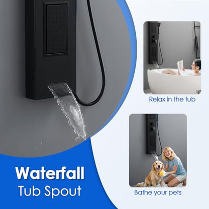 ROVOGO Shower Panel Tower System with LED Lights, 5 Shower Modes, 50 Inch | Rainfall Mist Shower Head, Body Jets, Handheld & Tub Spout, Stainless Steel Shower Column, Brass Mixing Valves, Matte Black - style: 50" Black