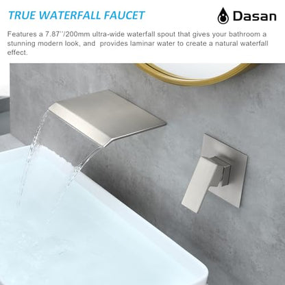 DASAN Wall Mount Waterfall Bathroom Faucet Brushed Nickel in Wall Sink Faucet, Single Handle Wall Mounted Modern Faucet for Bathroom with Upgraded Rough in Valve, DA-TFD3BN-NH - color: Brushed Nickel