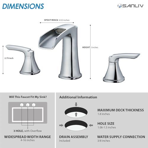 Chrome Waterfall Bathroom Faucet, Sanliv 3-Piece Widespread Bathroom Sink Faucets, 2-Handle Vanity Faucet for 3-Hole Sinks 4-8 Inch with Pop-Up Drain, ‎Polished Chrome - color: Chrome
