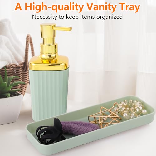 9 PCS Green Bathroom Accessories Set with Trash Can Bathroom Accessory | All-in-One Kit with Trash Can,Toothbrush Holder,Soap Dispenser,Toothbrush Cup,Vanity Tray,Soap Dish,Toilet Brush etc for Home - color: Lightgreen