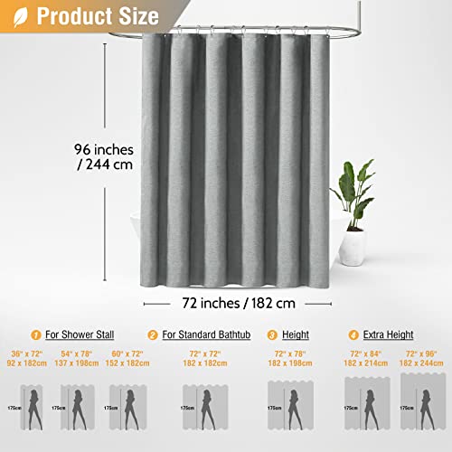 BTTN Extra Long Linen Textured Waterproof Shower Curtain, 72x96, Grey/Gray | Extra Tall Size, 230GSM Polyester, Heavy Duty Cloth, Weighted Hem, 12 Plastic Hooks, Modern Hotel Style, Machine Washable - color: Grey, size: 72"W x 96"L (Pack of 1)
