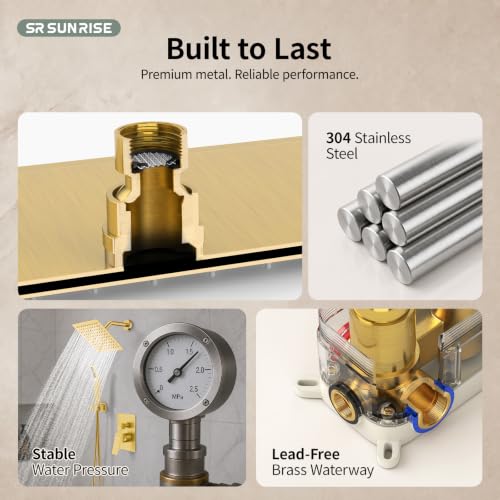 SR SUN RISE Shower System - Shower Faucet Set with 8 Inch Rain Shower Head and Handheld Shower - High Pressure Rain Shower System - All Metal Shower Faucet Trim Repair Kits - Brushed Gold - color: Brushed Gold, size: 8 Inch