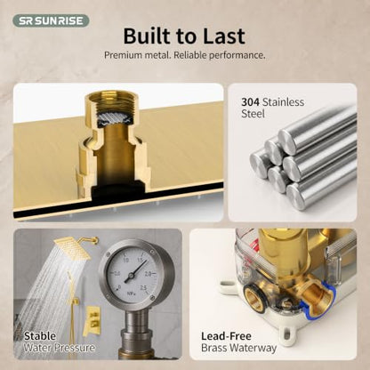 SR SUN RISE Shower System - Shower Faucet Set with 8 Inch Rain Shower Head and Handheld Shower - High Pressure Rain Shower System - All Metal Shower Faucet Trim Repair Kits - Brushed Gold - color: Brushed Gold, size: 8 Inch