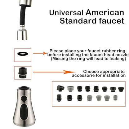 Universal Kitchen Faucet Head Replacement Brushed Nickel,ABS | 3 Function Pull Down Sink Spray Nozzle with 17 Adapter Compatible with Moen,Delta,Kohler,WEWE,American Standard Faucet - color: Brushed Nickel