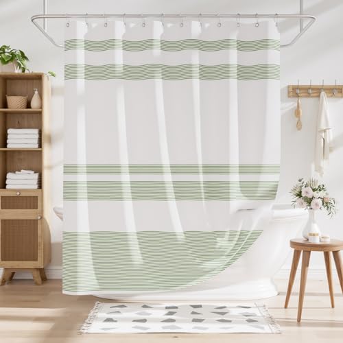 AmazerBath Shower Curtain, Washable Cloth Sage Green with 12 Shower Curtain Hooks, Fabric Green and White Striped Set, Farmhouse Bathroom Shower Curtain, 72x72 Inches - color: A- Sage Green Stripe +12 Metal Hooks, size: 72"W x 72"L (Pack of 1)