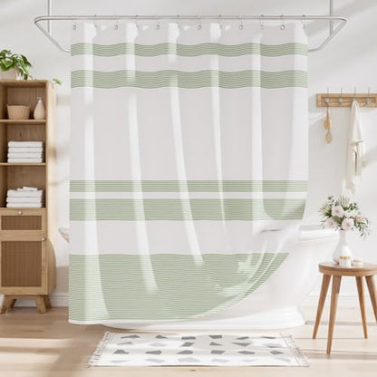 AmazerBath Shower Curtain, Washable Cloth Sage Green with 12 Shower Curtain Hooks, Fabric Green and White Striped Set, Farmhouse Bathroom Shower Curtain, 72x72 Inches - color: A- Sage Green Stripe +12 Metal Hooks, size: 72"W x 72"L (Pack of 1)