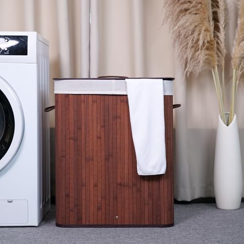 GarveeHome Folding Bamboo Laundry Hamper with Lid, 28 Gal /106L Wooden Laundry Basket with Washable Liner Bag, Slim Clothes Storage Hamper for Small Bedrooms Apartments Dorms, Brown - color: Brown - Rectangle