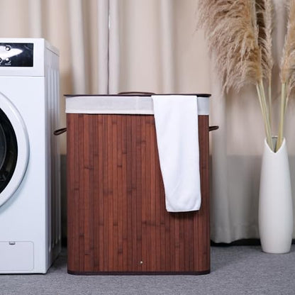 GarveeHome Folding Bamboo Laundry Hamper with Lid, 28 Gal /106L Wooden Laundry Basket with Washable Liner Bag, Slim Clothes Storage Hamper for Small Bedrooms Apartments Dorms, Brown - color: Brown - Rectangle