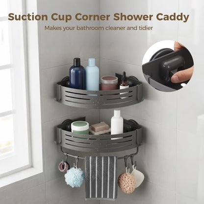 2 Pcs Corner Shower Caddy, Double-Layer Suction Cup No-Drilling Aluminum Organizer, Gray Triangular Bathroom Shelves with Towel Bar & Hooks, Wall Mount Space-Saving for Shower & Kitchen