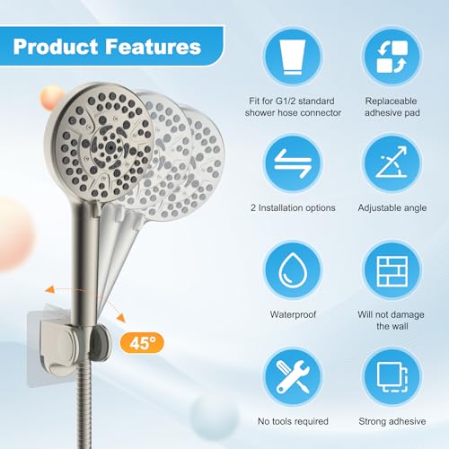 Hibbent 2 Pack Shower Head Holder, Strong Adhesive and Waterproof Handheld Shower Holder, Height Adjustable Wand Bracket, Wall Mount, No Drilling, Brushed Nickle - size: 2 Pack, style: Brushed Nickle
