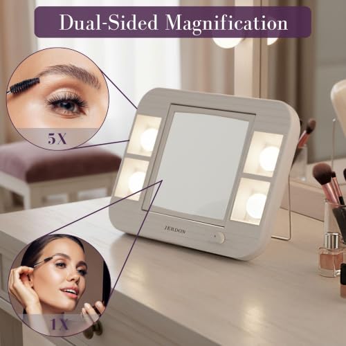 JERDON Lighted Makeup Mirror with 5X Magnification - White - J1015 | Two-Sided 6" x 6" Square Frame, Glare-Free Lighting