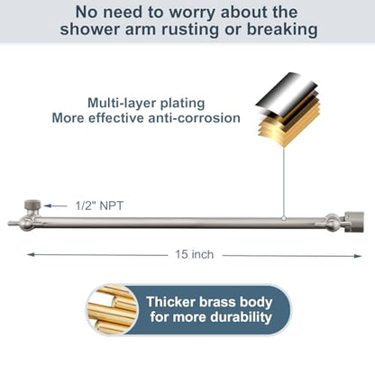 BRIGHT SHOWERS 15 Inch Extra Long Shower Head Extension Arm, Solid Brass Shower Arm Extender with Locking Screw for Rain and Handheld Showerhead, Height & Angle Adjustable, Brushed Nickel - color: Brushed Nickel, style: 15 Inch
