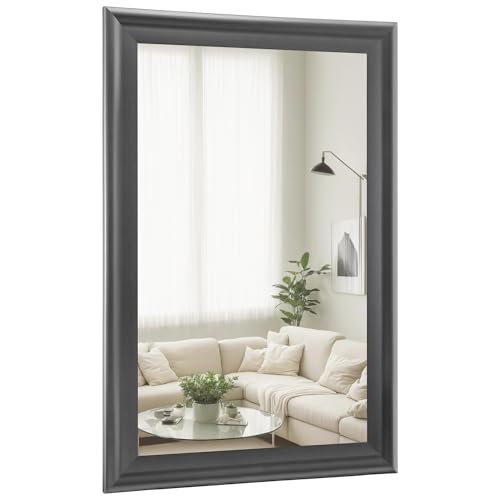 Wall Grey Mirror for Bathroom,Rectangle Rustic 24 x 36 inch Vanity Mirrors | Hanging Mirror with Wood Grain Finish Frame for Living Room,Bedroom,Entryway - color: Dark Grey, size: 36"L x 24"W