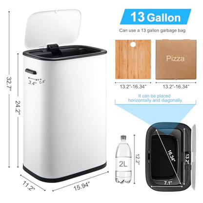 14.5 Gal/55L Trash Can with Lid, Automatic Touchless Garbage Can with Soft-Close Lid & Handle, Stainless Steel Waste Basket Motion Sensor Trash Can for Kitchen, Bathroom,White(No Inner Bucket) - color: White