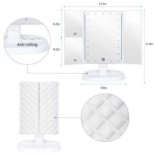 Trifold Lighted Vanity Makeup Mirror with 21 LEDs Lights,1x/2x/3x Magnification and Touch Screen Dimming,Two Power Supplies Makeup Mirror, Gift for Women - color: White