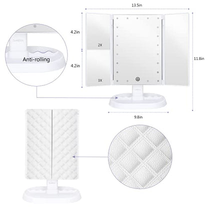 Trifold Lighted Vanity Makeup Mirror with 21 LEDs Lights,1x/2x/3x Magnification and Touch Screen Dimming,Two Power Supplies Makeup Mirror, Gift for Women - color: White