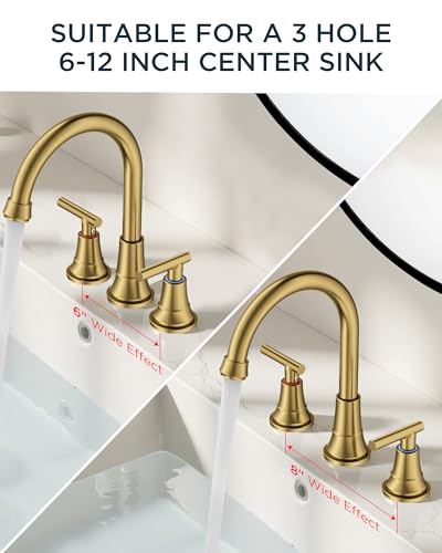 FORIOUS Gold Bathroom facuet 3 Hole, 8 Inch Wide Gold Vanity Faucet 3 Holes | 8 Inch Widespread Bathroom Faucet 3 hole Vanity and 4 Inch Bathroom Faucet Centerset 2 Hole for B2B Commercial, Spare Aerator - color: Brushed Gold, style: Modern