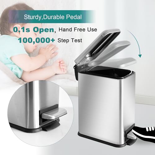 Small Bathroom Trash Can with Lid, Bedroom Trash Can, Silver | 1.3 Gal, Stainless Steel Trash Can, Removal Inner Bucket, Soft Close Lid, Step Pedal, Trash Bin for Bathroom, Bedroom, Office - color: Silver
