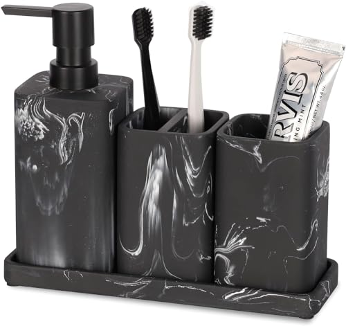 Bathroom Accessory Sets, 4 Pieces Bathroom Accessories Complete Set Vanity Countertop Accessory Set, Includes Lotion Dispenser Soap Pump, Tumbler, Toothbrush Holder and Tray (Black Marble Look) - color: Black Marble Look