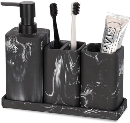 Bathroom Accessory Sets, 4 Pieces Bathroom Accessories Complete Set Vanity Countertop Accessory Set, Includes Lotion Dispenser Soap Pump, Tumbler, Toothbrush Holder and Tray (Black Marble Look) - color: Black Marble Look
