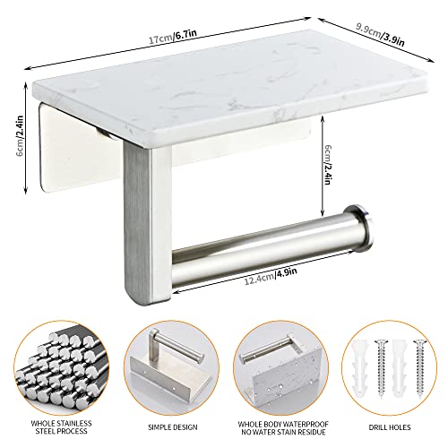 Brushed Nickel Toilet Paper Holder with Marble-Look Shelf, Wall Mounted SUS304 Stainless Steel Toilet Roll Holder with Phone Storage - color: Brushed Nickel