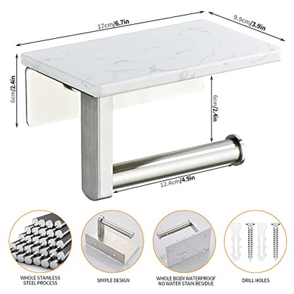 Brushed Nickel Toilet Paper Holder with Marble-Look Shelf, Wall Mounted SUS304 Stainless Steel Toilet Roll Holder with Phone Storage - color: Brushed Nickel