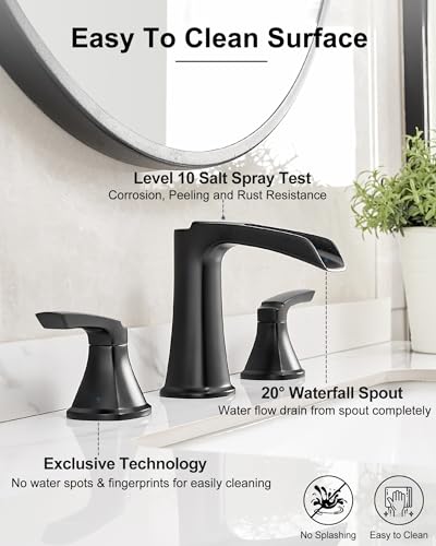 Black Widespread Bathroom Faucet, Brass Waterfall Bathroom Sink Faucet 3 Hole, 2 Handle Bathroom Faucets 8 Inch Faucet for Bathroom Sink Vanity Lavatory Farmhouse RV with Pop-up Drain & Hose - color: Matte Black