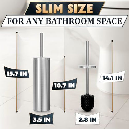 Stainless Steel Toilet Brush and Holder Set, Splash Guard (Silver) | Toilet Bowl Brush and Holder, Removable Inner Bowl, Dense Bristles, Long Handle, Scratch Resistant, for Modern Bathrooms - color: Silver