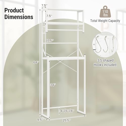Tangkula 3-Tier Over The Toilet Storage, 64” Tall Bathroom Shelf Space Saver with Hanging Bar, 3 S-Shaped Hooks, Metal Legs, Freestanding Above Toilet Bathroom Organizer for Laundry Room, White