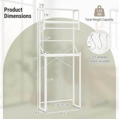 Tangkula 3-Tier Over The Toilet Storage, 64” Tall Bathroom Shelf Space Saver with Hanging Bar, 3 S-Shaped Hooks, Metal Legs, Freestanding Above Toilet Bathroom Organizer for Laundry Room, White