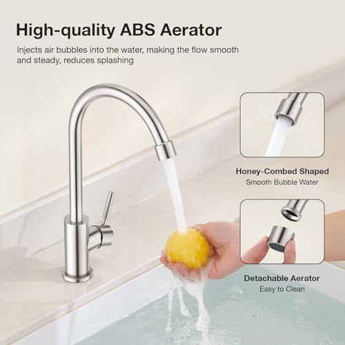 CREA Brushed Faucet for Kitchen Bar Outdoor Sink 1 Hole 3Holes(with Deck Plate)，High Arc 360°Swivle Single Handle Tap Brushed 304 Stainless Steel - color: Brushed, style: Mixed water pipe