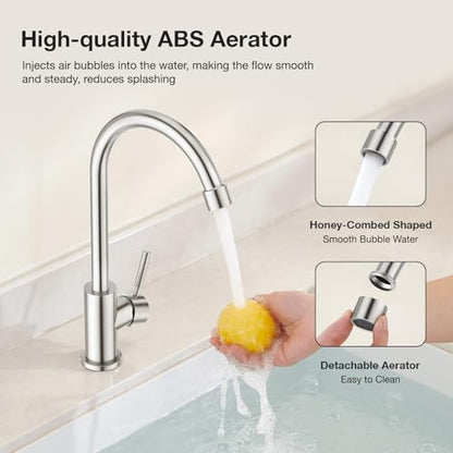 CREA Brushed Faucet for Kitchen Bar Outdoor Sink 1 Hole 3Holes(with Deck Plate)，High Arc 360°Swivle Single Handle Tap Brushed 304 Stainless Steel - color: Brushed, style: Mixed water pipe