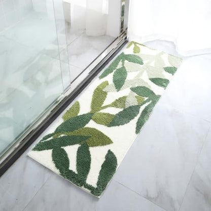 Long Bathroom Runner Rugs- Green Leaves Bathmats Strong Water Aabsorbent Bath Rug with Non Slip Back Large Cute Bathroom Mat for Bathtub Shower Wash Basin 17.5x47 IN/45x120 CM | Super Soft Strong Water Absorbent Bathmat Cute Bath Rug Leaf Bath Home Decor
