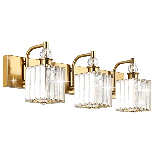 Ralbay Crystal Bathroom Vanity Lights 3-Lights 24'' Modern Crystal Gold Bathroom Lighting Fixtures Over Mirror - color: Square-Brass, size: 24 inch